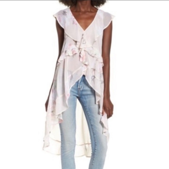 Leith Tops - Leith High Low Ruffle Sheer Floral Top NWT Size XS